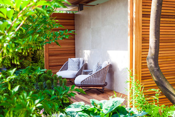 Patio area in a landscaped garden