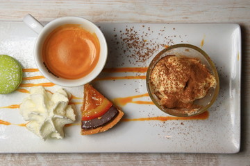 gourmet coffee with  chantilly, cream and tart