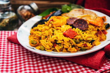 Prawn with rice - closeup of prawn with rice - traditionnal spanish food paella