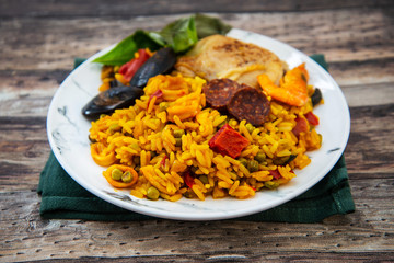 Prawn with rice - closeup of prawn with rice - traditionnal spanish food paella