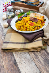 Prawn with rice - closeup of prawn with rice - traditionnal spanish food paella