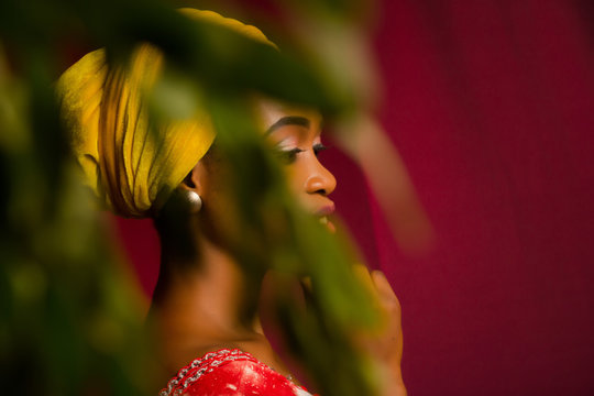 Portrait of a lady wearing yellow scarf on red background with some blurred flowers in the foreground. 