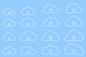 Cloud upload collection on blue background