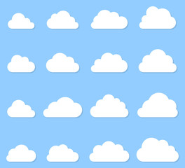 Cloud shapes collection with shadow on blue background