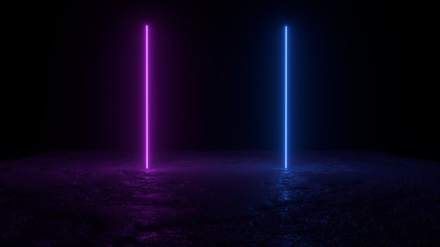 3d abstract background render, two pink amd blue neon lights on the ground, retrowave and synthwave illustration.