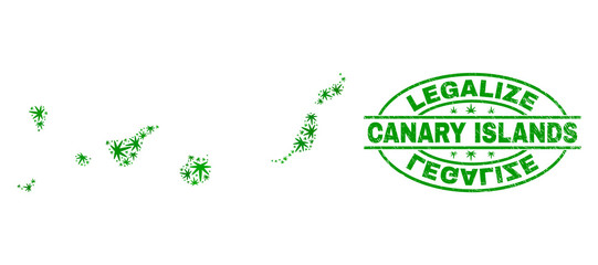 Vector cannabis Canary Islands map collage and grunge textured Legalize stamp seal. Concept with green weed leaves. Concept for cannabis legalize campaign.
