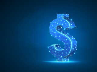 USD dollar wireframe digital 3d illustration. Low poly business, data cash, and finance concept with lines, dots, and starry sky on blue background. Vector polygonal neon money symbol RGB