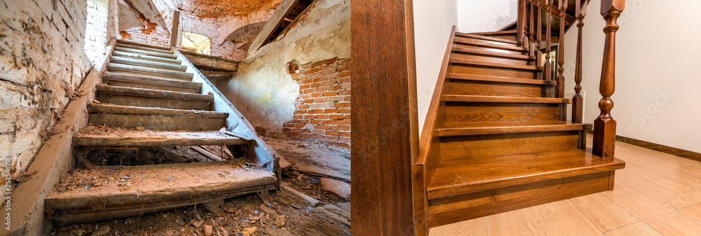 Wall mural comparison of modern brown wooden oak staircase with carved railing in new renovated apartment inter