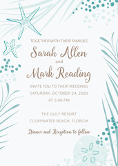 Elegant beach theme wedding invitation with soft turquoise color artwork framing text area. Remove text and personalize for weddings, announcements, parties and greeting cards. 