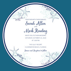 Elegant beach theme wedding invitation with soft turquoise color artwork framing text area. Remove text and personalize for weddings, announcements, parties and greeting cards. 