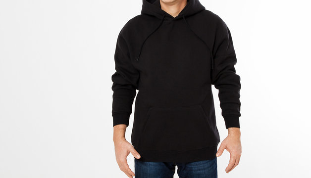 Man in black sweatshirt, black hoodies front isolated, mock up,copy space cropped image