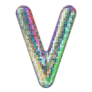 Disco Font, Letter V From Glitter Mirror Facets. 3D Rendering