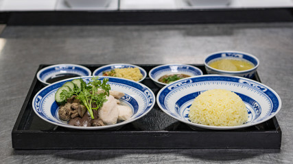Chicken rice in porcelain dishes, Thai food