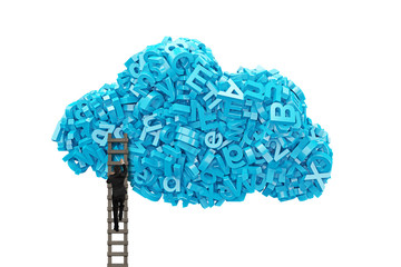 Big data and cloud computing concept.Businessman climbing wooden ladder to cloud of blue letters and numbers, isolated on white background.