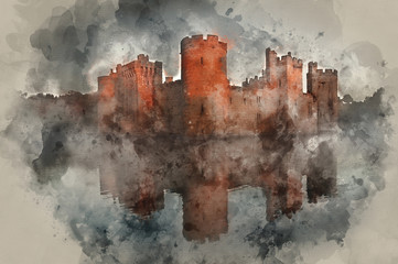 Fototapeta premium Watercolour painting of Stunning moat and castle in Autumn Fall sunrise with mist over moat