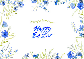 Happy easter. Rustic background with collection of gentle blue flowers and handwritten lettering. Botanic composition for greeting card. Isolated on white background. Watercolor illustration