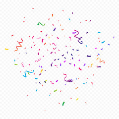 Colorful Confetti And Ribbon Falling On Transparent Background. Vector Illustration