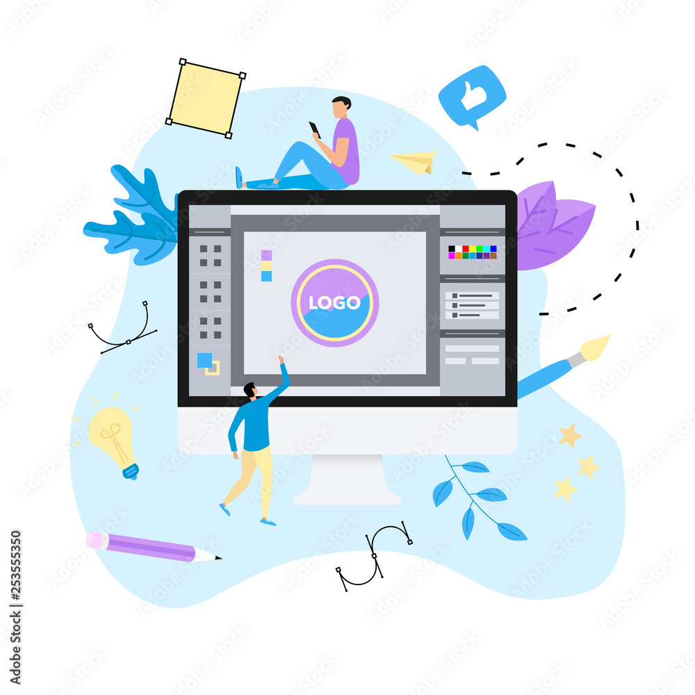 Poster flat vector graphic design concept with computer designer with an open design application with a cre