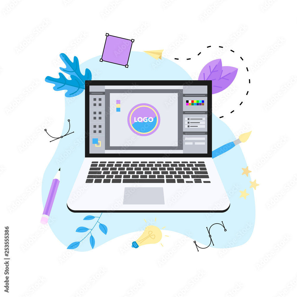 Poster flat vector graphic design concept with computer designer with an open design application with a cre