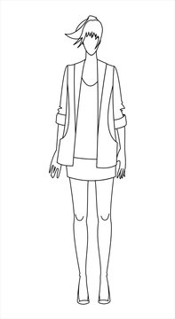 The outline of a standing girl dressed in a jacket and short skirt. Vector image isolated on white background.