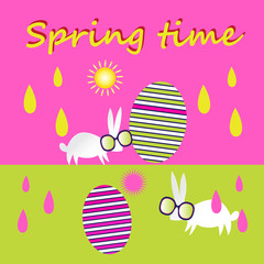 Bright unusual greeting card for Happy Easter with eggs and a rabbit