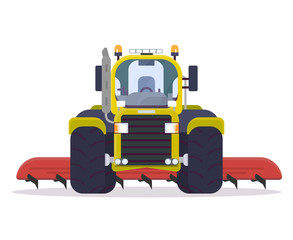 Front view of tractor for farming with cultivator. Flat style vector illustration. Agriculture vehicle with farm implement for tillage. Modern agricultural machinery. Farm harvest engine vehicle.