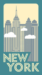 Fototapeta premium Tourist retro sticker New York. Skyscrapers and clouds. Vector drawing