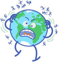 Planet Earth in minimalist cartoon style feeling desperate while scratching and expelling people to the space. It has crazy eyes and yells uncontrollably. Several humans are floating around the planet