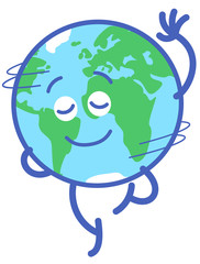 Planet Earth in minimalist cartoon style feeling joyful while graciously performing a rotation. It's closing its eyes, raising a hand and standing on tiptoes on one leg while smiling and spinning