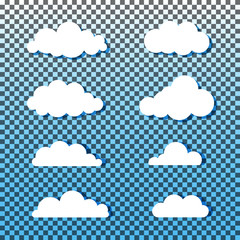 Set of clouds in flat design isolated on transparent background. Cartoon modern white clouds.