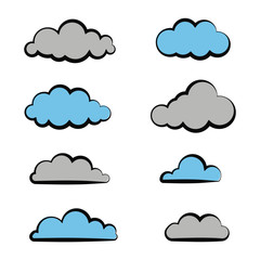 Set of clouds in flat design isolated on blue background. Cartoon modern white clouds.