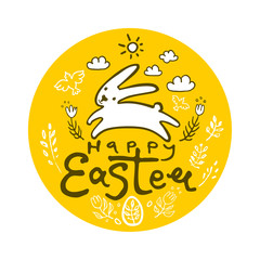 Happy Easter. Cute round sticker with the silhouette of the jumping Easter Bunny on a background of yellow field in ears and flowers. Vector template.