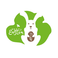 Happy Easter. Cute sticker with the silhouette of the Easter Bunny on a background of green blot. Rabbit holds a souvenir Easter egg. Vector Easter bunny, inscription and easter egg.