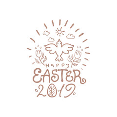 Happy Easter 2019. Vector template with lettering and Spring bird. Line art graphics pattern.