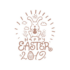 Happy Easter 2019. Vector illustration Easter bunny, inscription and easter egg.