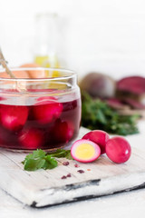Quail eggs marinated for Easter in beet juice