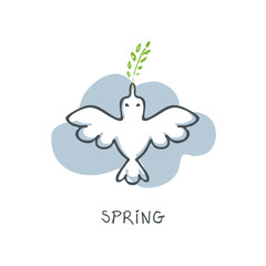 Silhouette of a white bird with a sprig in its beak against the background of a cloud line illustration. Spring symbol.