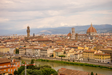 Panaromic view of Florence with Palazzo Vecchio and Duomo viewed from Piazzale Michelangelo...