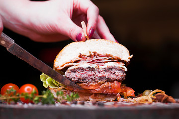 Fast food with traditional tasty hamburger