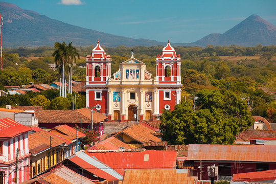 Leon Nicaragua church and volcano view 