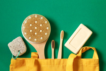 Cotton bags, wooden toothbrushes and natural soap for free plastic shopping. Zero waste  