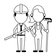 Construction workers avatars in black and white