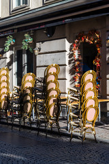 Stacked up cafe chairs, Gamla stan, Stockholm, Sweden