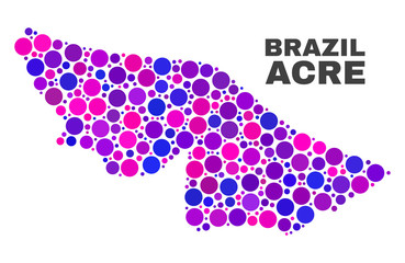 Mosaic Acre State map isolated on a white background. Vector geographic abstraction in pink and violet colors. Mosaic of Acre State map combined of scattered circle elements.
