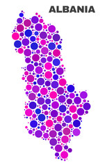 Mosaic Albania map isolated on a white background. Vector geographic abstraction in pink and violet colors. Mosaic of Albania map combined of random circle items.