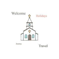 Church icon. Vector illustration for religion architecture design. Cartoon church building silhouette with cross, chapel, fence, trees. Hand drawn flat. Catholic holy traditional symbol