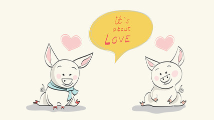 Cute pig and heart shape hand writing style vector illustration for greeting and invitation card. Happy Valentines day