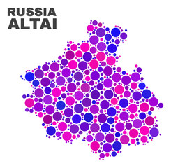 Mosaic Altai Republic map isolated on a white background. Vector geographic abstraction in pink and violet colors. Mosaic of Altai Republic map combined of random round points.