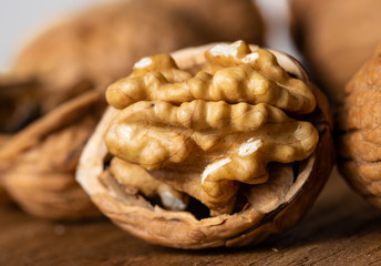 Open and cracked walnut closeup macro