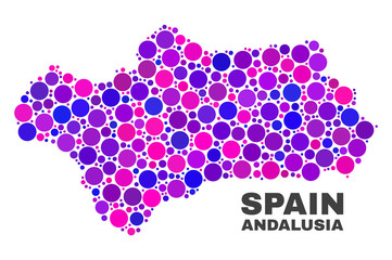 Mosaic Andalusia Province map isolated on a white background. Vector geographic abstraction in pink and violet colors. Mosaic of Andalusia Province map combined of scattered round elements.